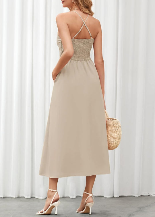 Joly - Vestido Casual de Praia para Festa com Decote em V sem Mangas, Recorte e Fenda, com Bolsos