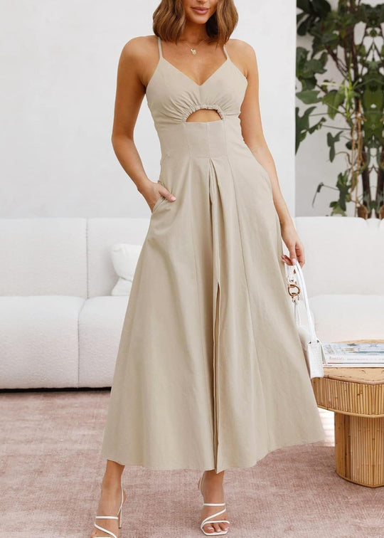 Joly - Vestido Casual de Praia para Festa com Decote em V sem Mangas, Recorte e Fenda, com Bolsos