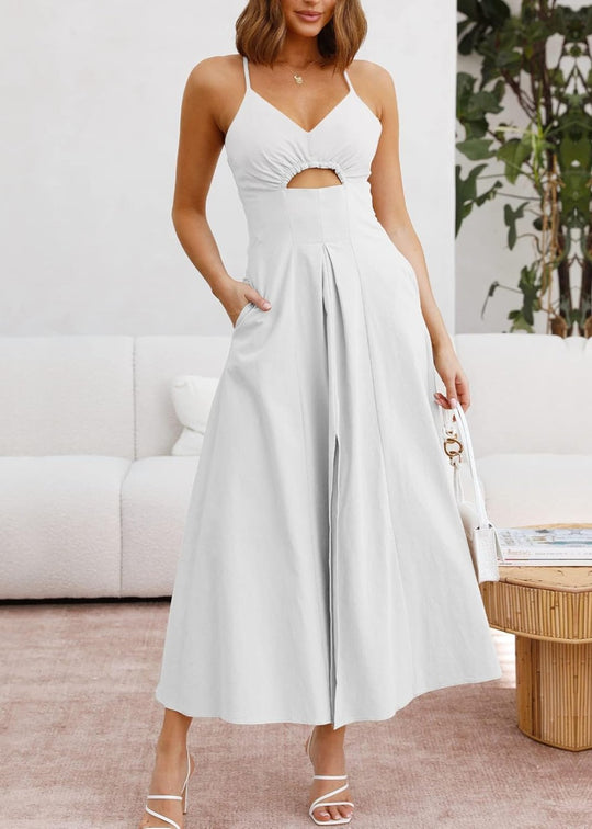 Joly - Vestido Casual de Praia para Festa com Decote em V sem Mangas, Recorte e Fenda, com Bolsos