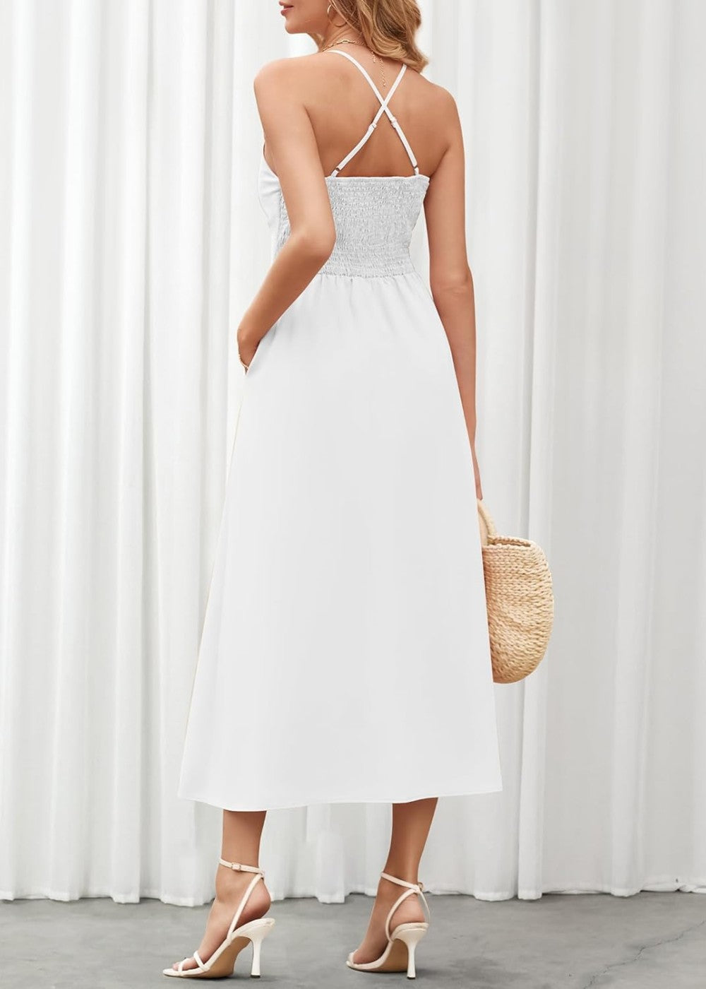 Joly - Vestido Casual de Praia para Festa com Decote em V sem Mangas, Recorte e Fenda, com Bolsos