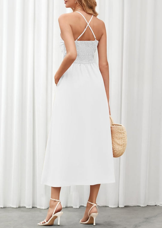 Joly - Vestido Casual de Praia para Festa com Decote em V sem Mangas, Recorte e Fenda, com Bolsos