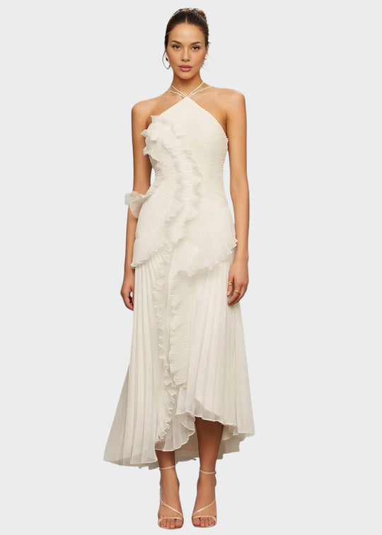 Vestido elegante com decote halter e folhos em cascata - Vichy Signature