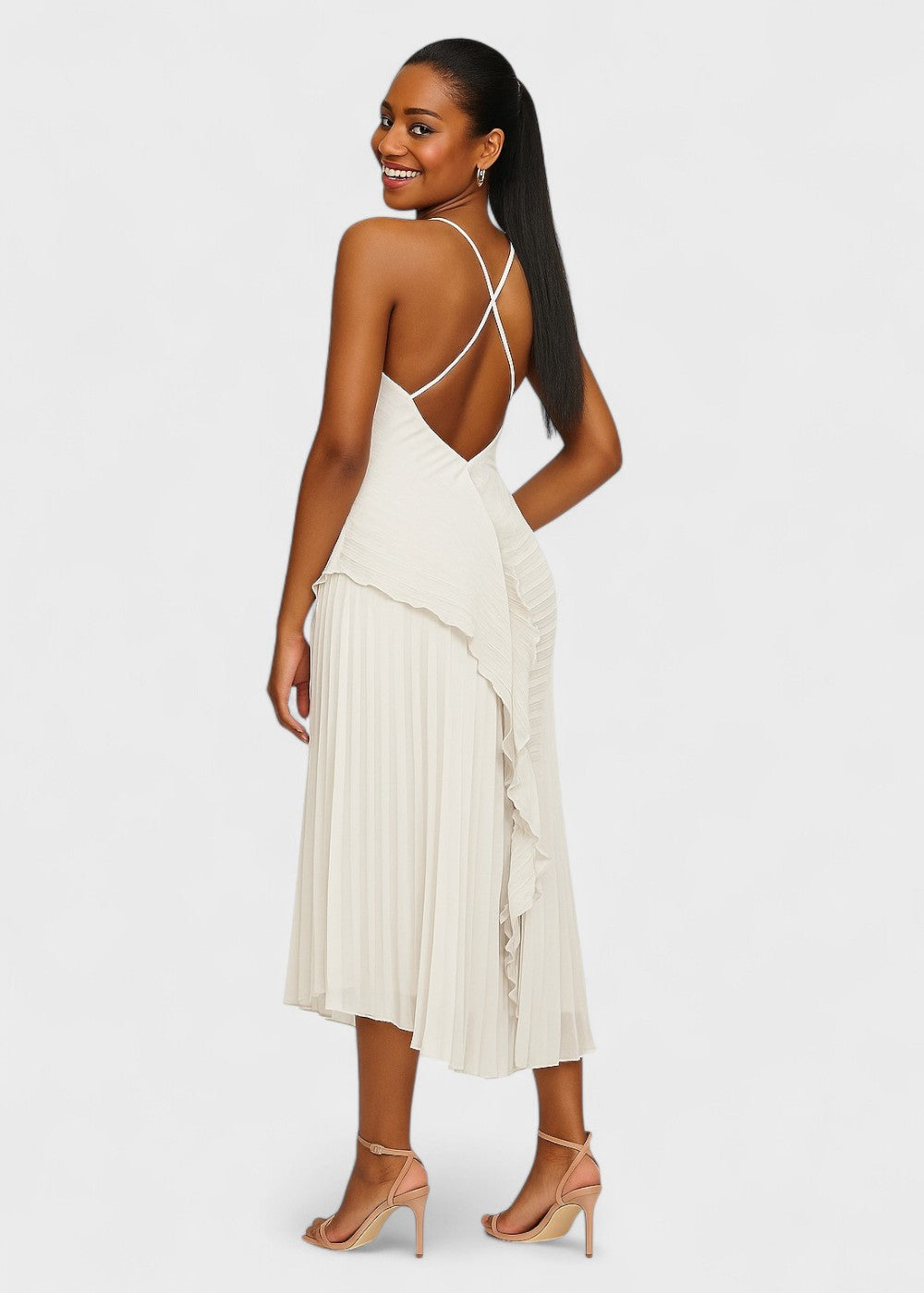 Vestido elegante com decote halter e folhos em cascata - Vichy Signature