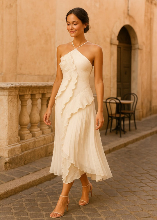 Vestido elegante com decote halter e folhos em cascata - Vichy Signature