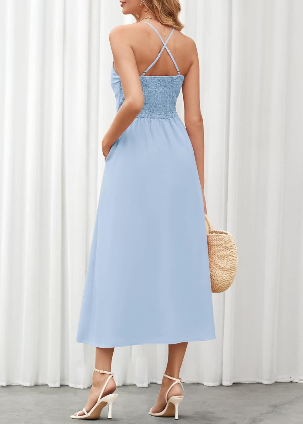 Joly - Vestido Casual de Praia para Festa com Decote em V sem Mangas, Recorte e Fenda, com Bolsos