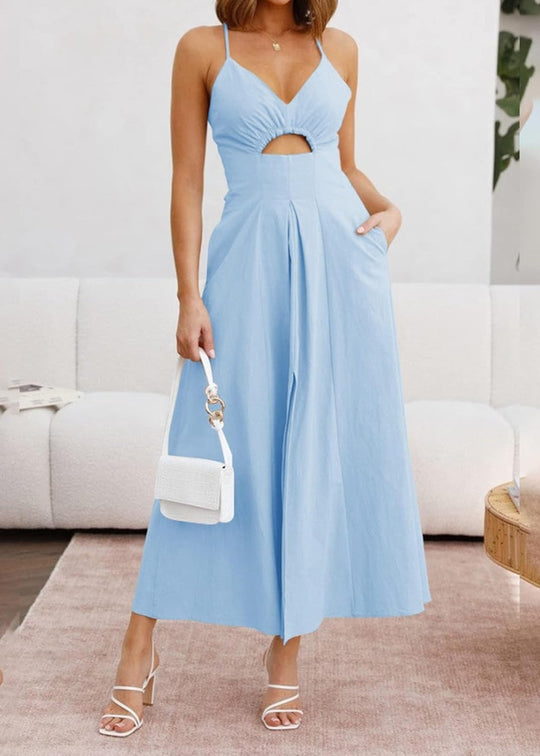 Joly - Vestido Casual de Praia para Festa com Decote em V sem Mangas, Recorte e Fenda, com Bolsos