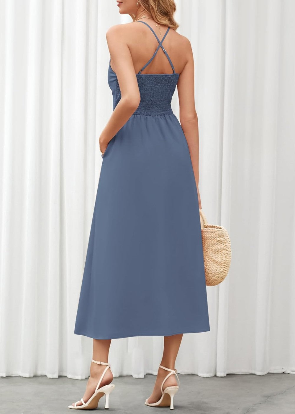 Joly - Vestido Casual de Praia para Festa com Decote em V sem Mangas, Recorte e Fenda, com Bolsos