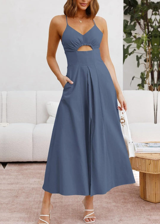 Joly - Vestido Casual de Praia para Festa com Decote em V sem Mangas, Recorte e Fenda, com Bolsos