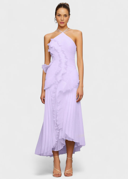 Vestido elegante com decote halter e folhos em cascata - Vichy Signature