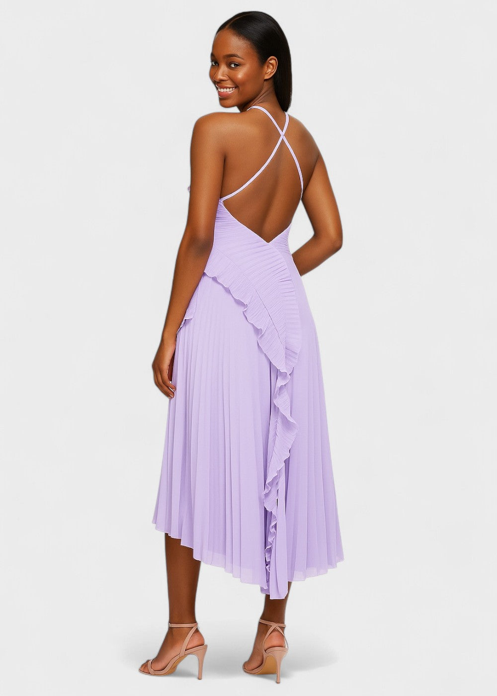Vestido elegante com decote halter e folhos em cascata - Vichy Signature