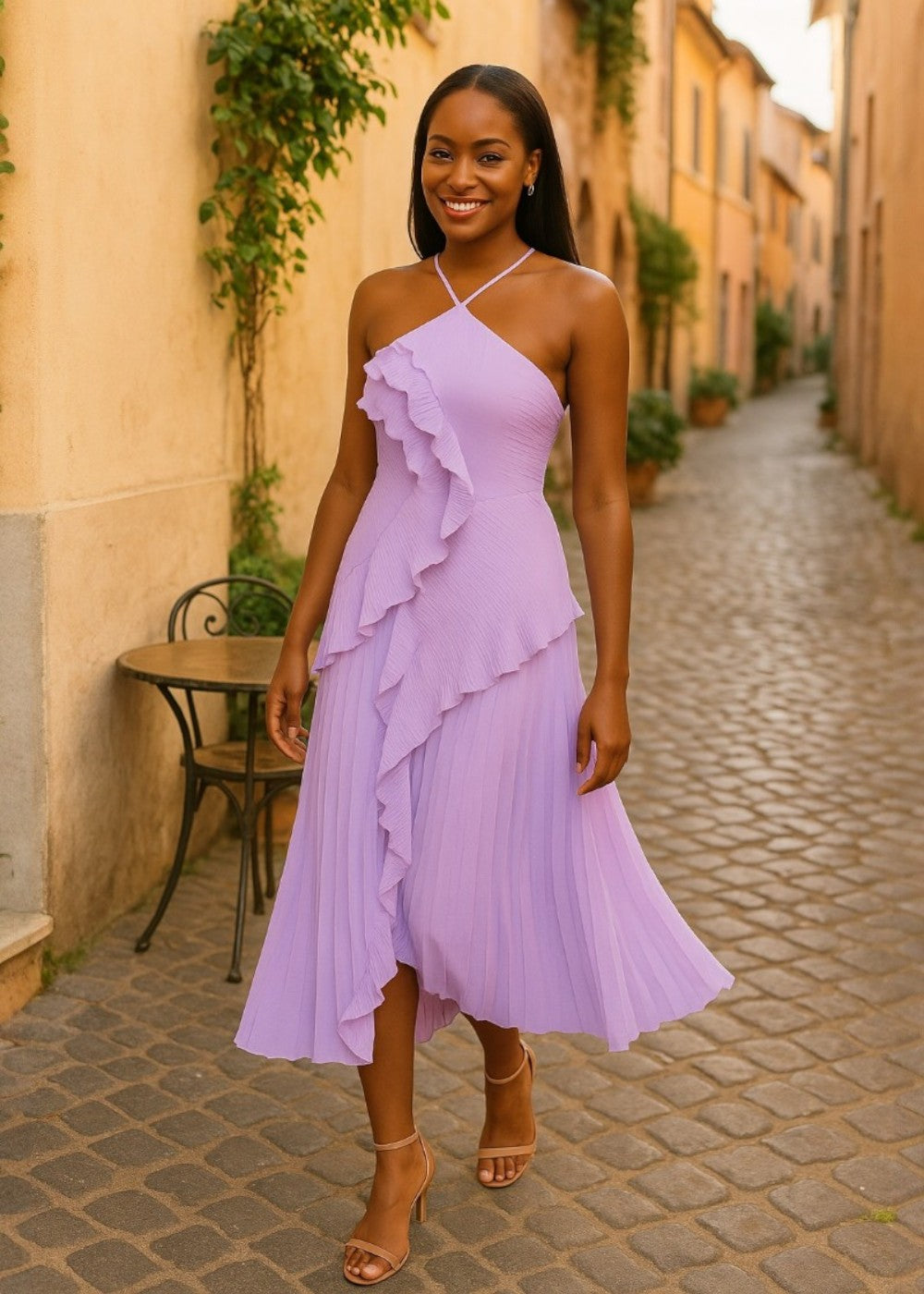 Vestido elegante com decote halter e folhos em cascata - Vichy Signature