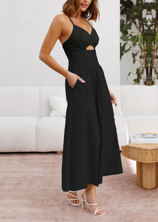 Joly - Vestido Casual de Praia para Festa com Decote em V sem Mangas, Recorte e Fenda, com Bolsos