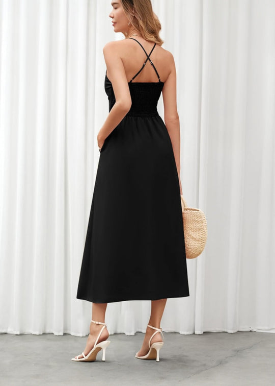 Joly - Vestido Casual de Praia para Festa com Decote em V sem Mangas, Recorte e Fenda, com Bolsos
