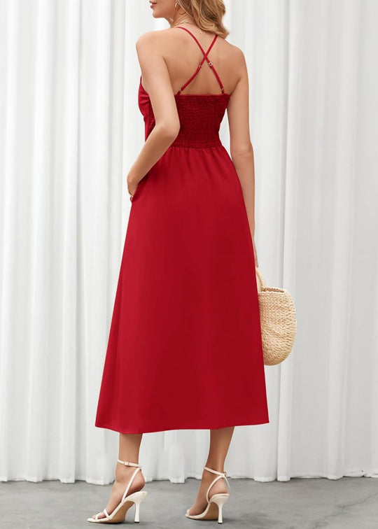 Joly - Vestido Casual de Praia para Festa com Decote em V sem Mangas, Recorte e Fenda, com Bolsos