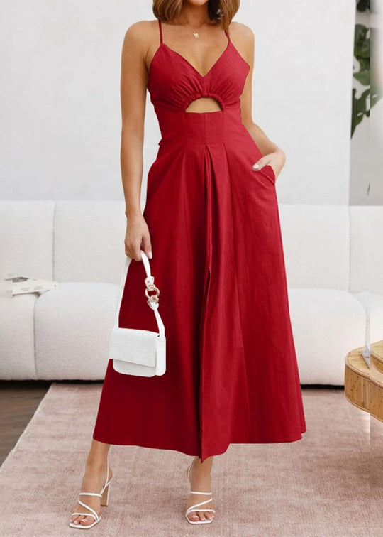 Joly - Vestido Casual de Praia para Festa com Decote em V sem Mangas, Recorte e Fenda, com Bolsos