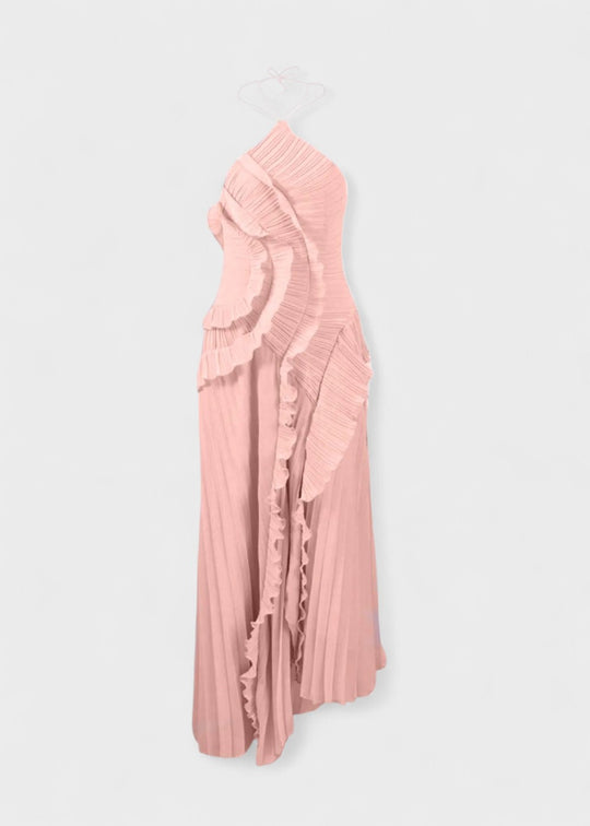 Vestido elegante com decote halter e folhos em cascata - Vichy Signature