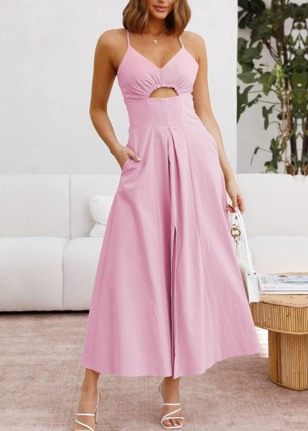 Joly - Vestido Casual de Praia para Festa com Decote em V sem Mangas, Recorte e Fenda, com Bolsos