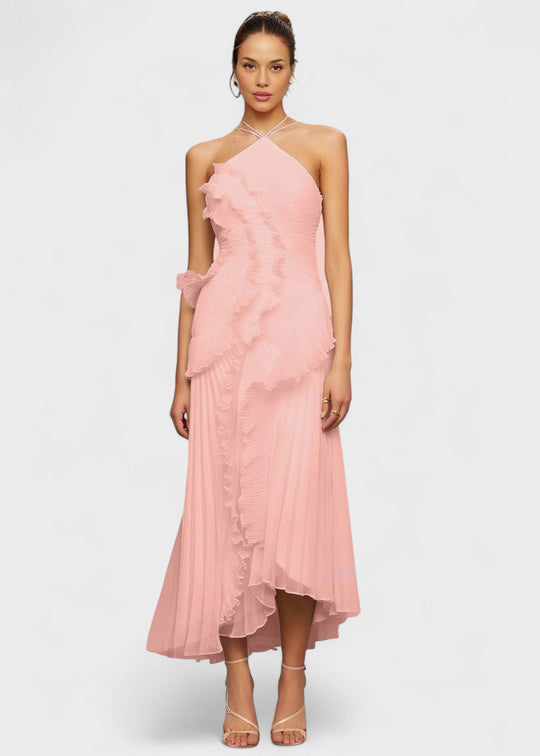 Vestido elegante com decote halter e folhos em cascata - Vichy Signature