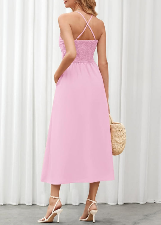 Joly - Vestido Casual de Praia para Festa com Decote em V sem Mangas, Recorte e Fenda, com Bolsos
