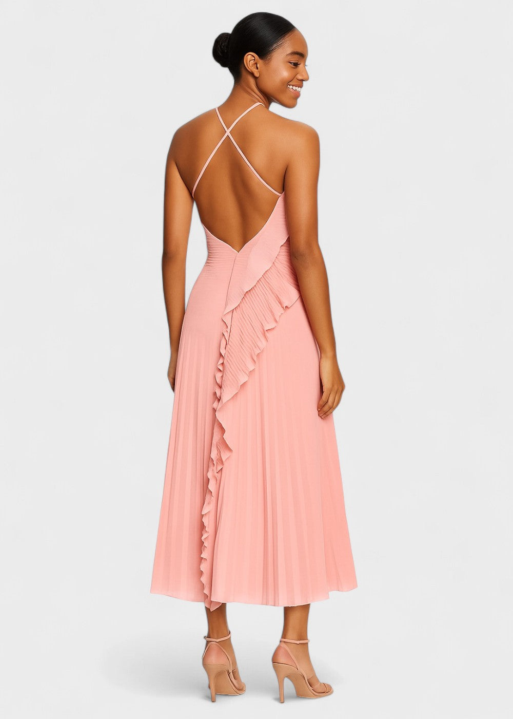 Vestido elegante com decote halter e folhos em cascata - Vichy Signature